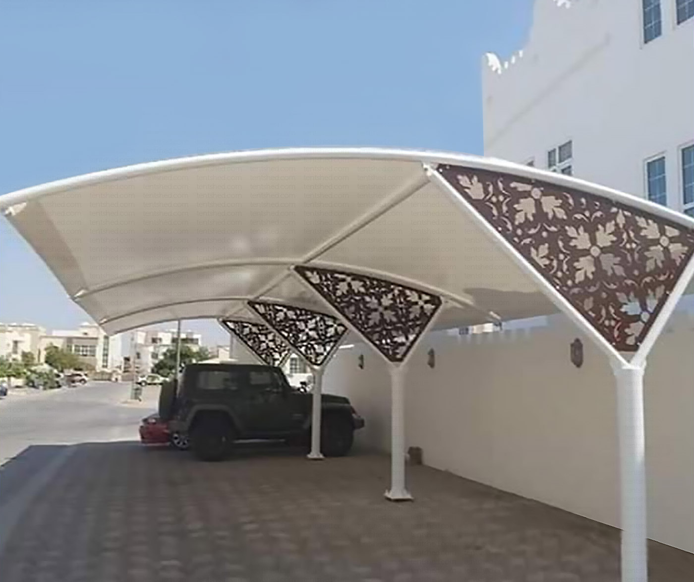 PARKING SHADE WITH LASER CUT FLOWER DESIGN-CAR WASH SHADES-PARKING SHADES FOR RESIDENTIAL USE-VEHICLE SHADE CANOPY COVERS FOR COMMERCIAL USE-CAR SHED