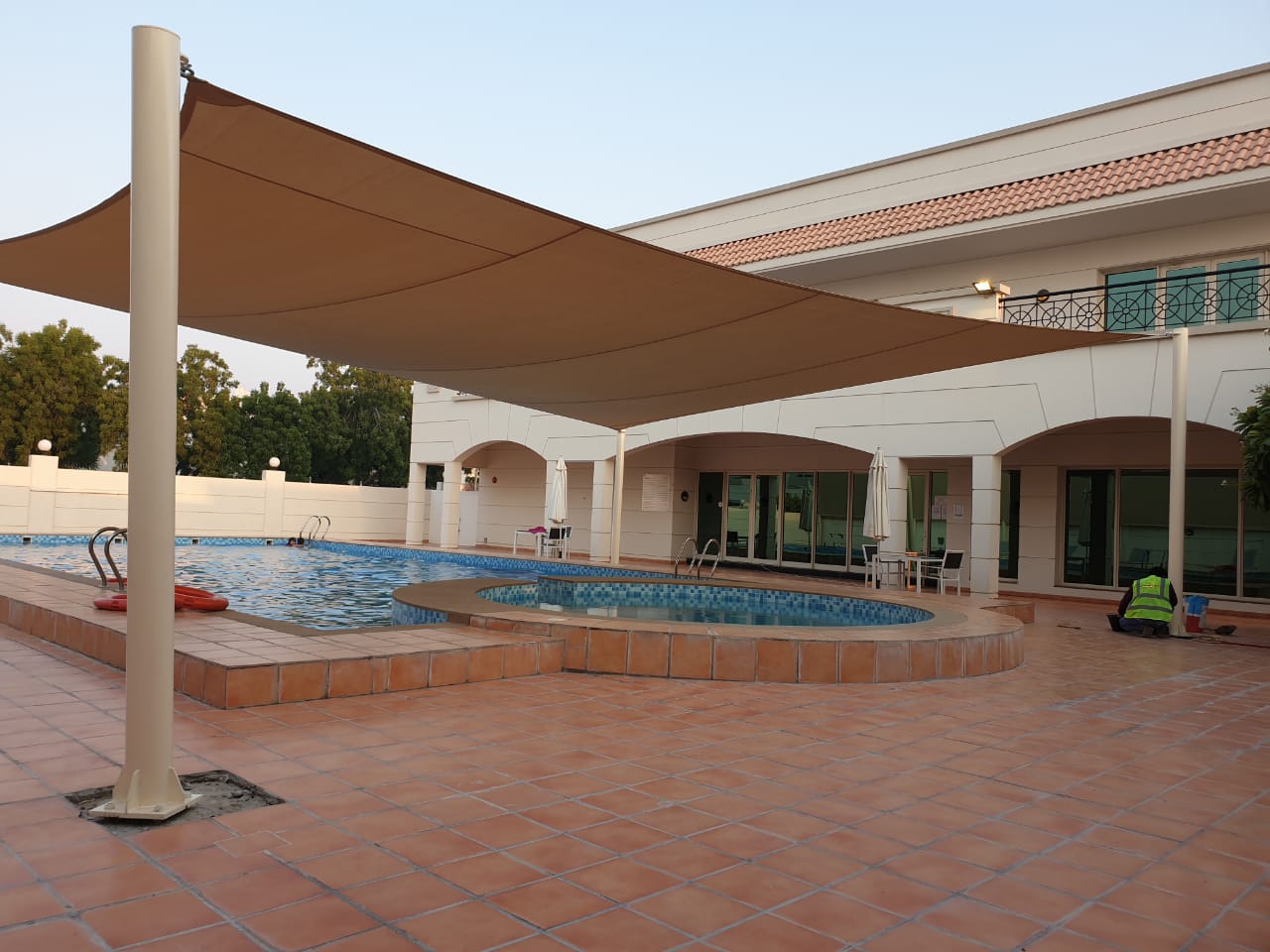 Waterproof Shade Sails-Outdoor Shades-Stretch Tents-Tension Structure-Tensile Structure-Fabric Canopy-Sun Shades-Swimming Pool Shades-Patio Shades-Deck Shades-Balcony Shades-Veranda Shades-Rooftop Shades-Triangular, Square and Rectangular Shades-Shades for Homes, Schools, Hospitals, Offices, Factories-Rain protection Covers